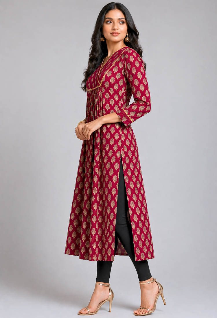 avAraNIya® Wine Printed Flared Kurti for Women