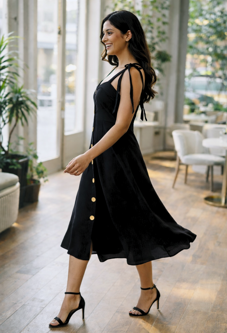 Elegant Wooden Button-Down Midi Dress for Women