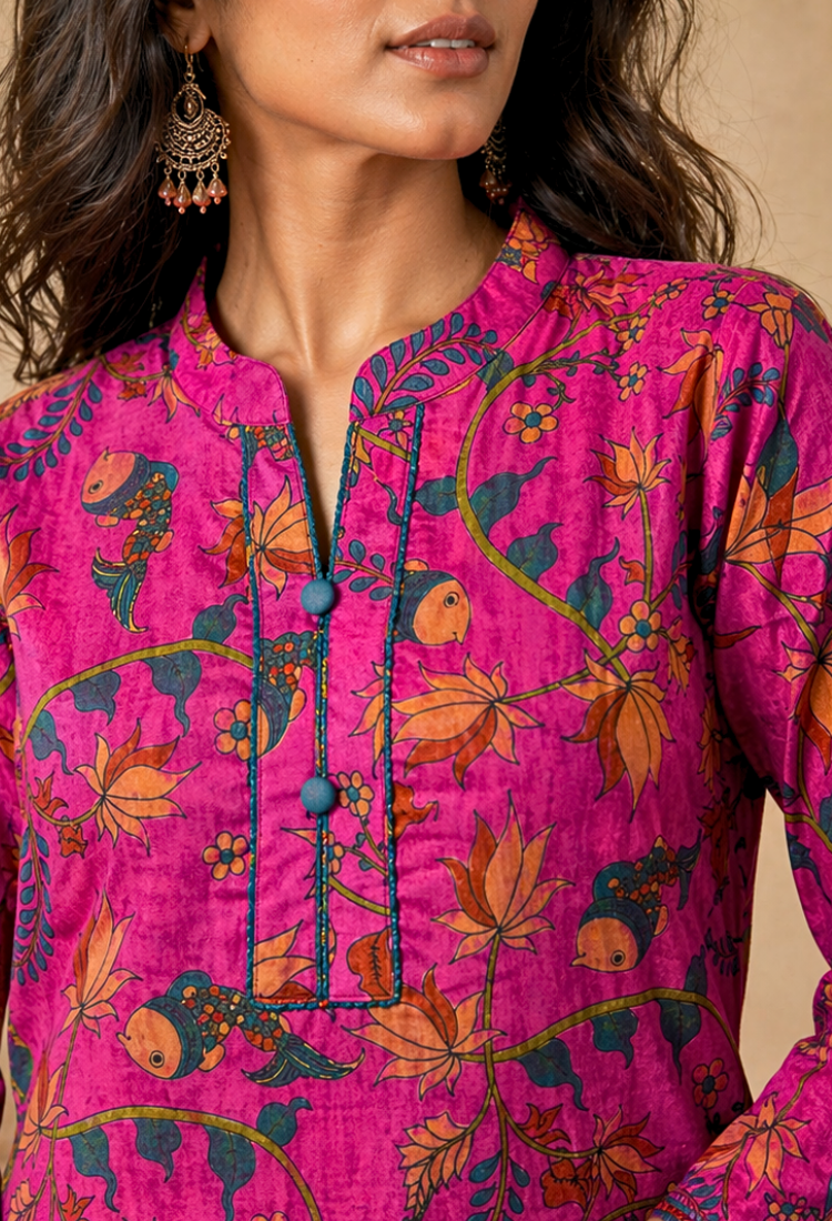 Pink Floral Printed Long Kurti for Women – Straight Fit Ethnic Wear