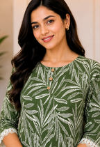 Green Leaf Print Cotton Kurti for Women