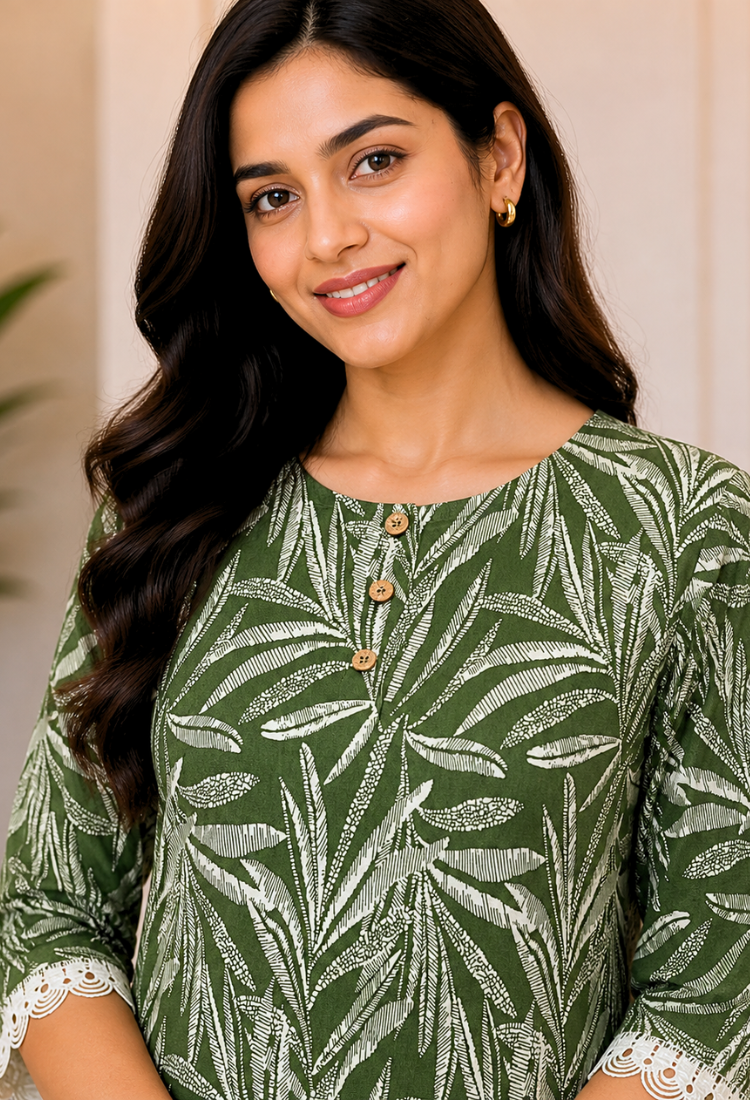 Green Leaf Print Cotton Kurti for Women