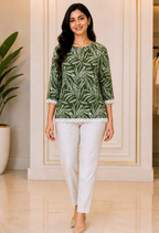 Green Leaf Print Cotton Kurti for Women
