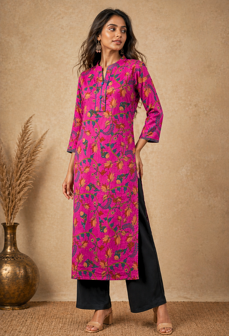 Pink Floral Printed Long Kurti for Women – Straight Fit Ethnic Wear