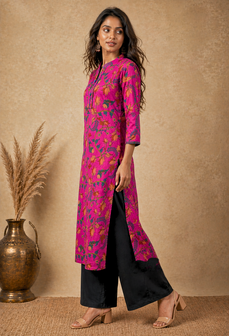 Pink Floral Printed Long Kurti for Women – Straight Fit Ethnic Wear