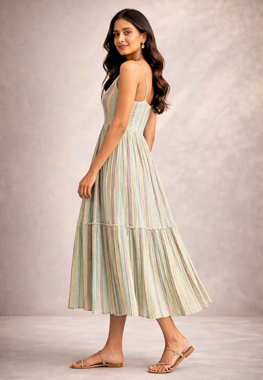 Pastel Striped Tiered Maxi Dress for Women – Sleeveless Summer Casual Dress