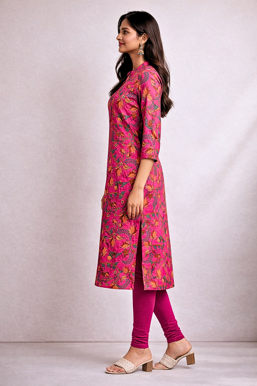 Pink Floral Printed Long Kurti for Women – Straight Fit Ethnic Wear