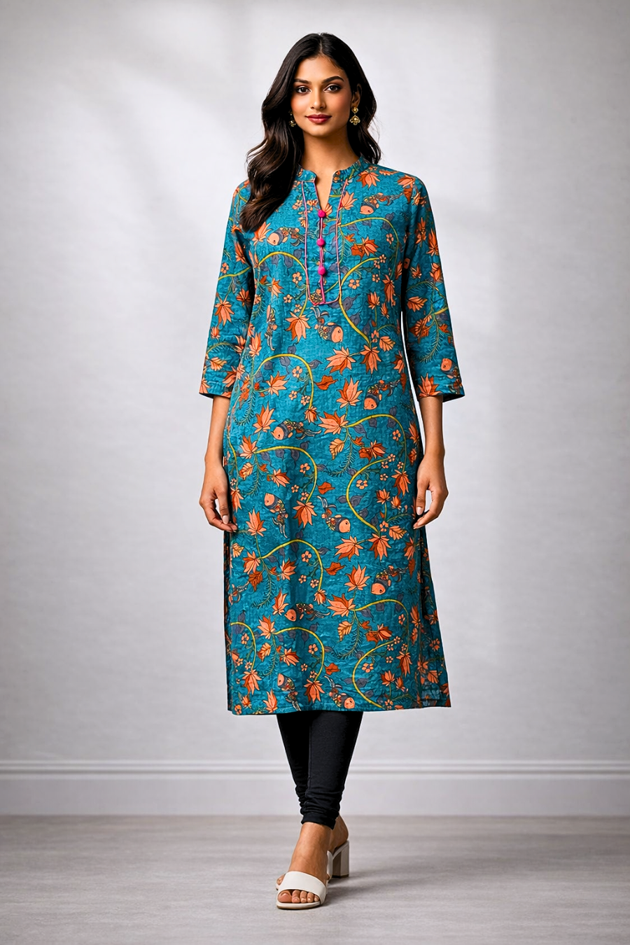 Pink Floral Printed Long Kurti for Women – Straight Fit Ethnic Wear