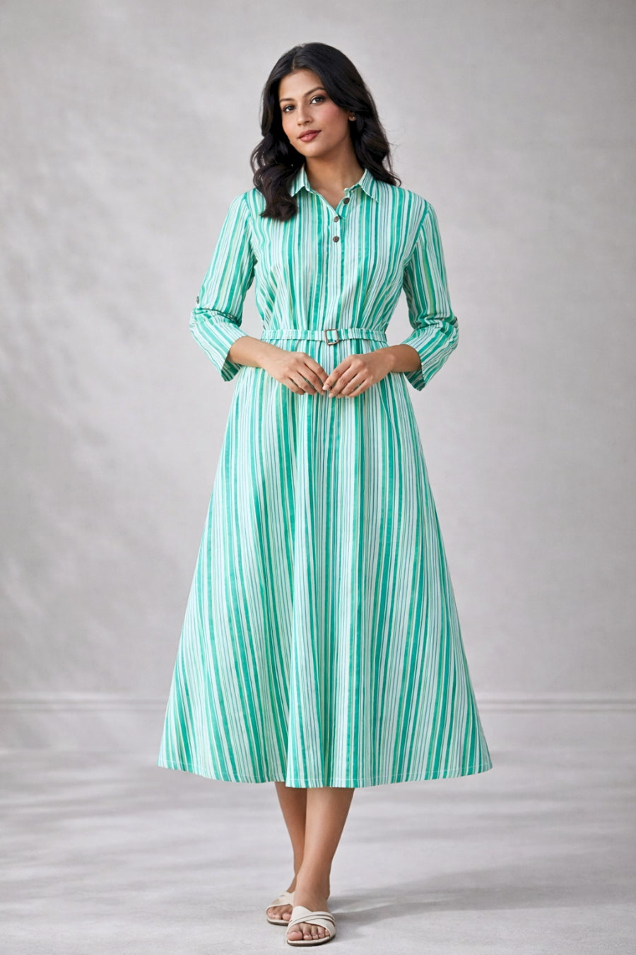 Green Striped Cotton Midi Dress