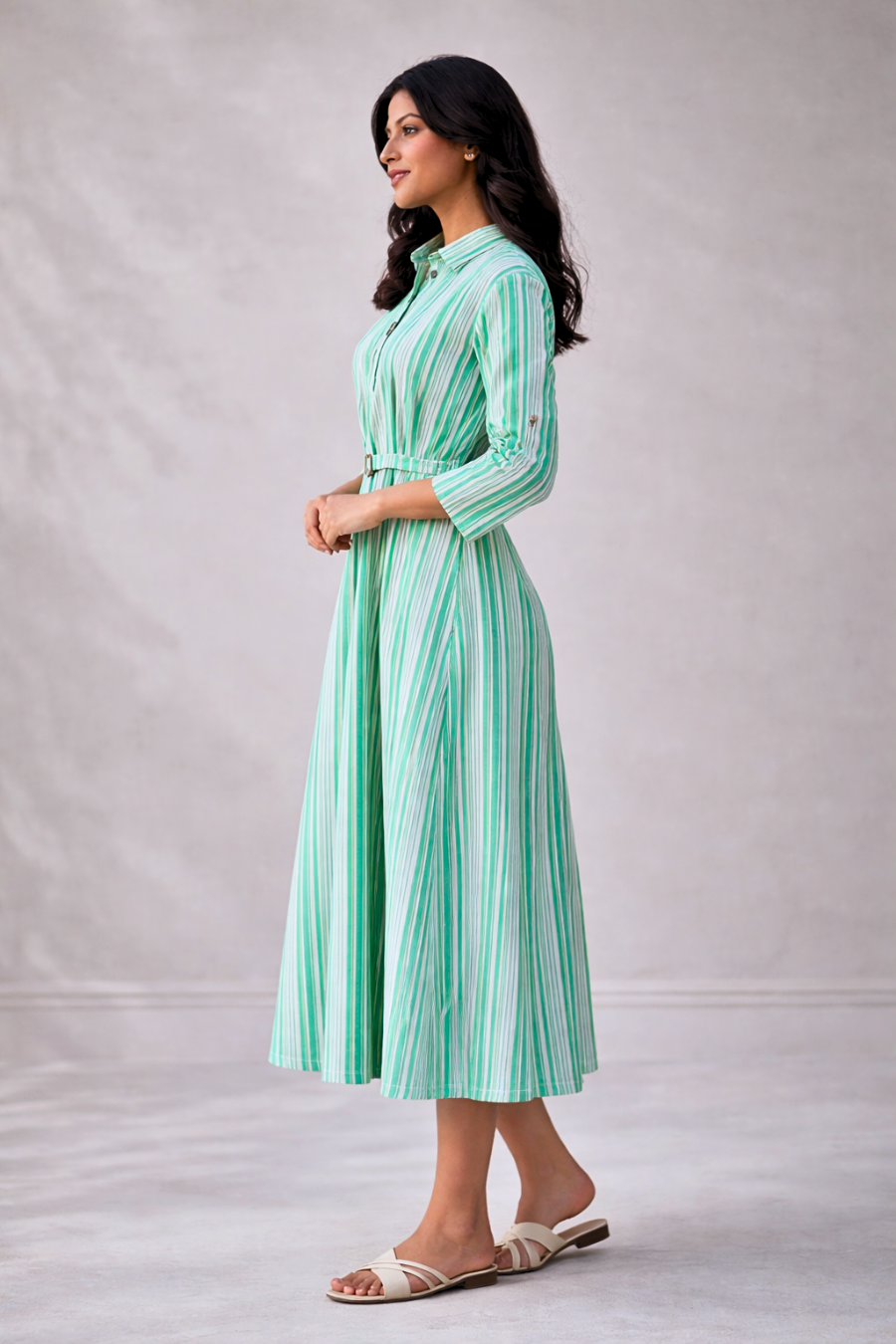 Green Striped Cotton Midi Dress