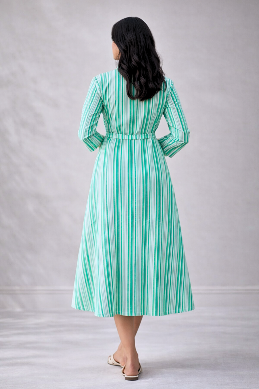Green Striped Cotton Midi Dress
