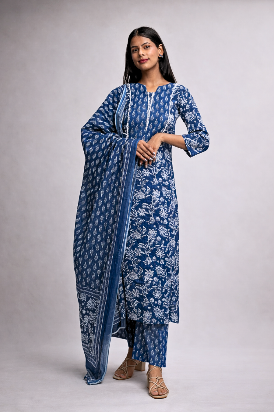 Navy Blue Floral Cotton Kurta & Dupatta Set