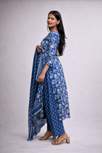 Navy Blue Floral Cotton Kurta & Dupatta Set