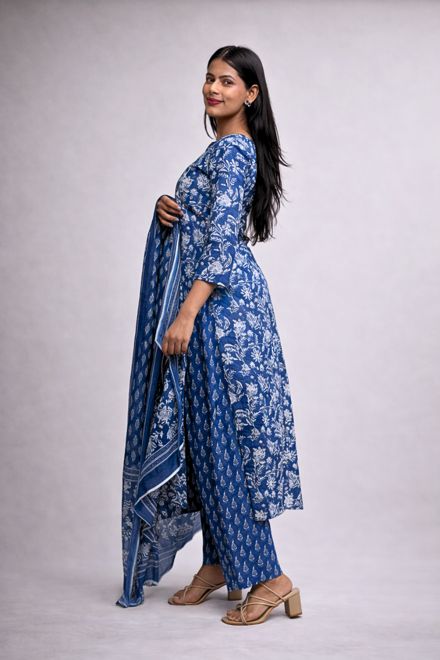 Navy Blue Floral Cotton Kurta & Dupatta Set