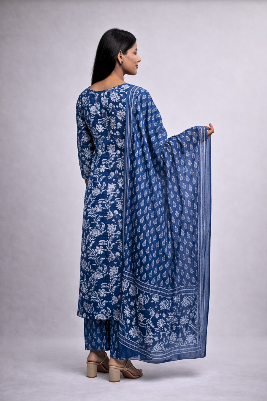Navy Blue Floral Cotton Kurta & Dupatta Set