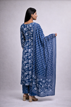 Navy Blue Floral Cotton Kurta & Dupatta Set