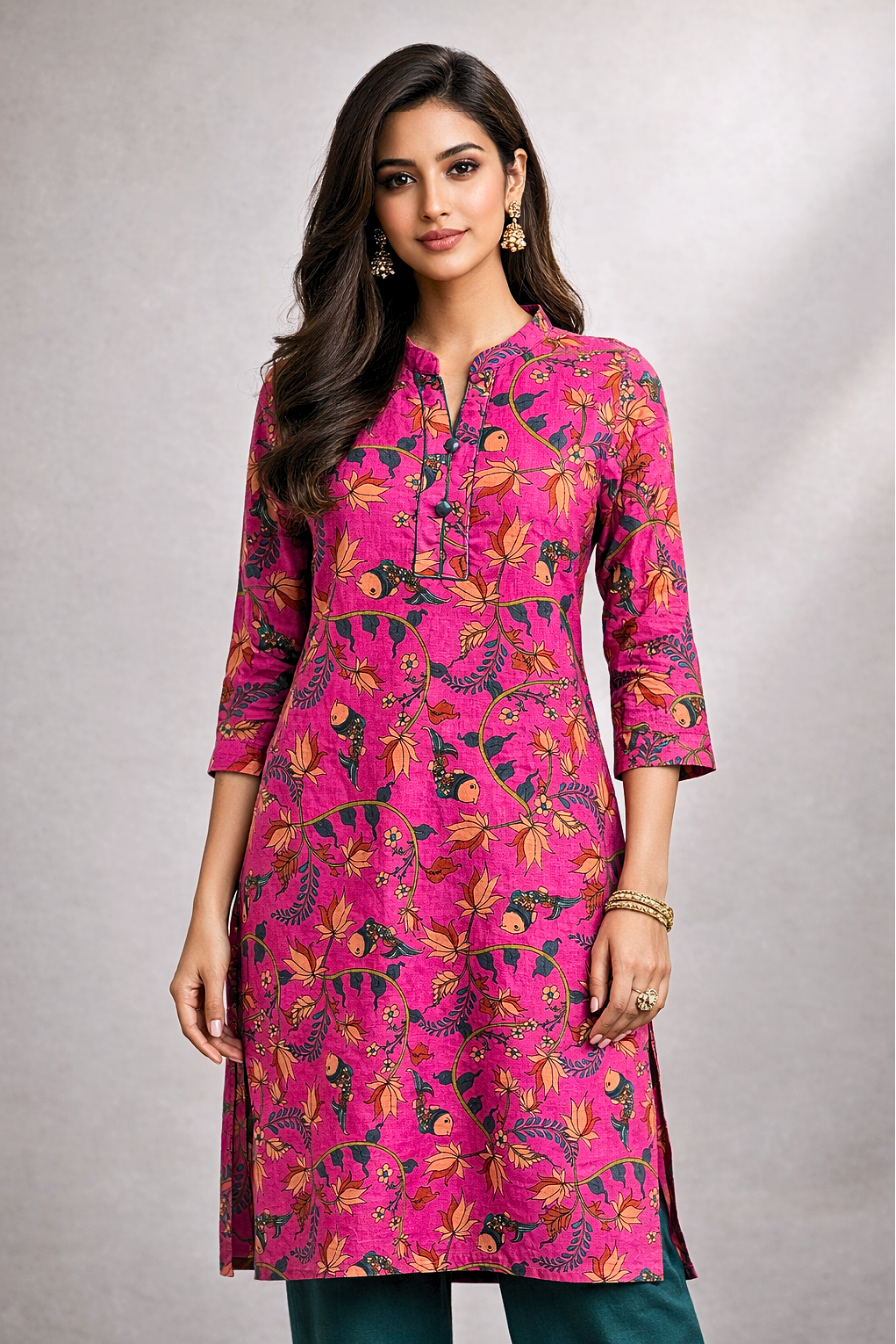 Pink Floral Printed Long Kurti for Women – Straight Fit Ethnic Wear