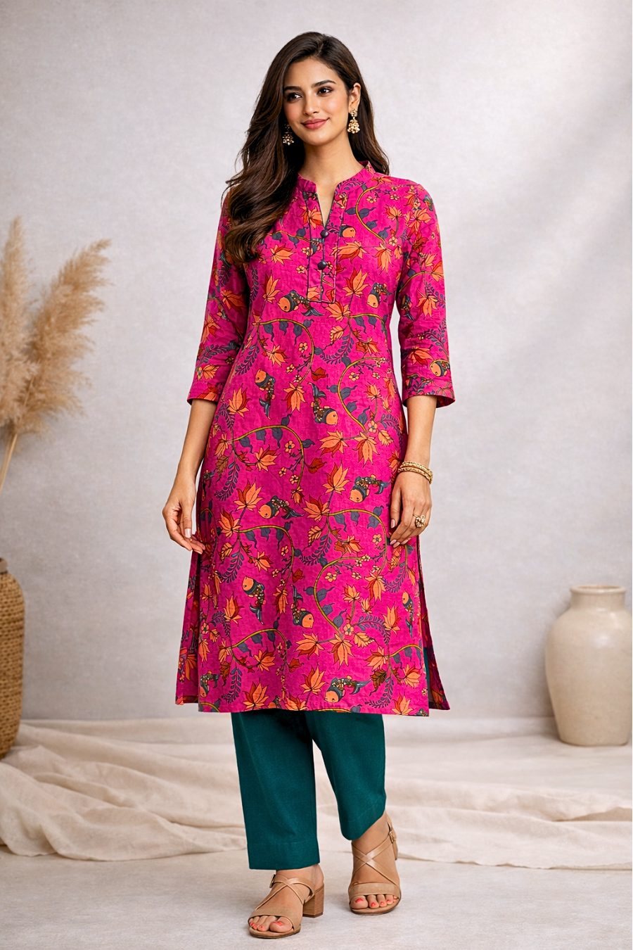 Pink Floral Printed Long Kurti for Women – Straight Fit Ethnic Wear