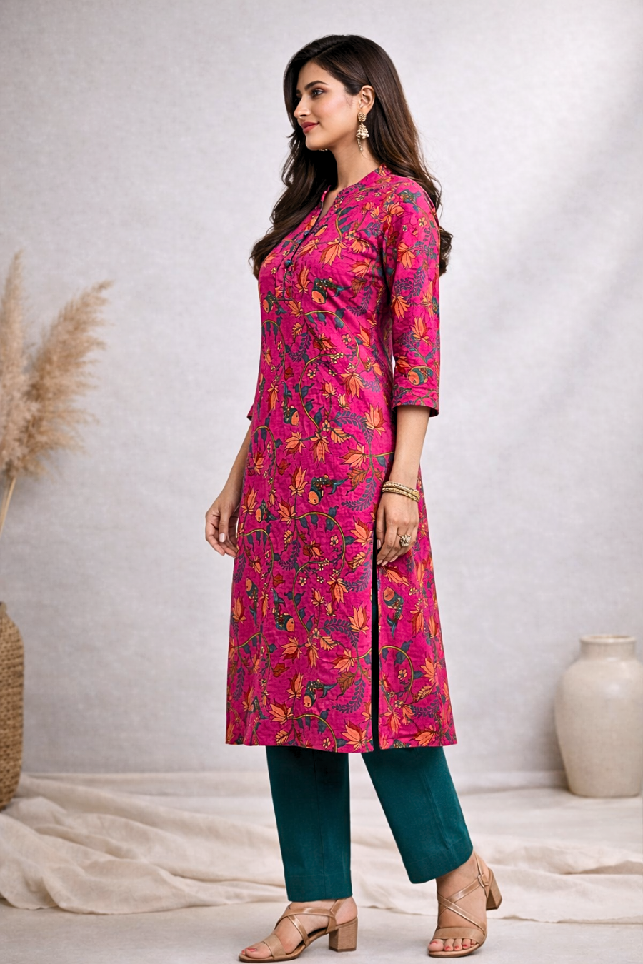 Pink Floral Printed Long Kurti for Women – Straight Fit Ethnic Wear