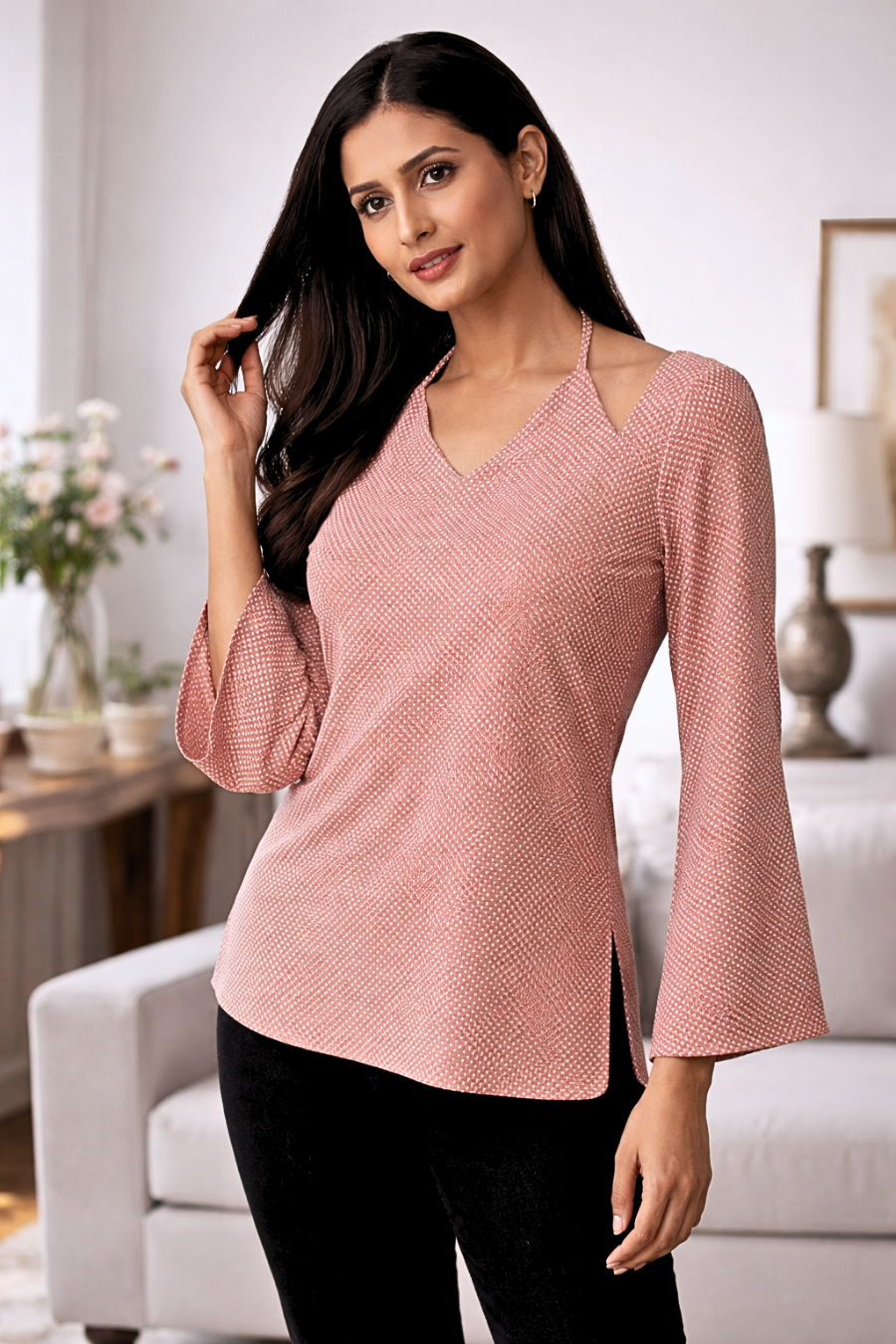 Brown V-Neck Bell Sleeve Top for Women