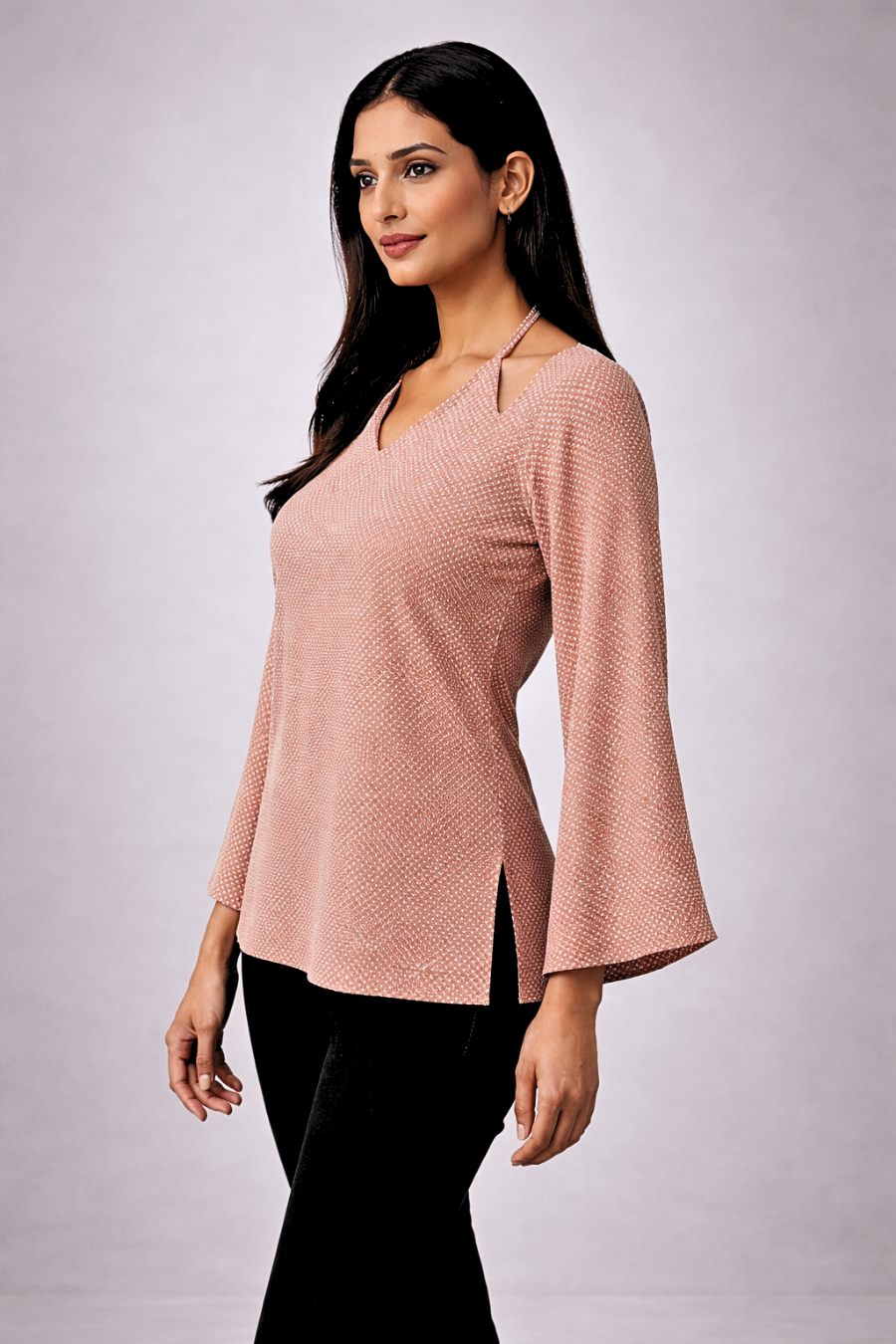 Brown V-Neck Bell Sleeve Top for Women