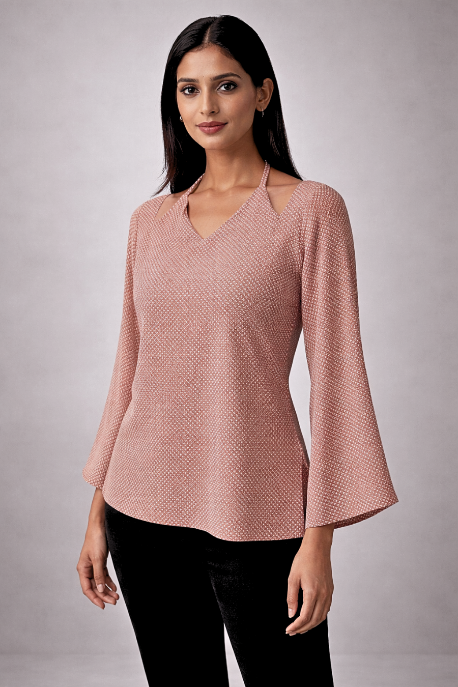 Brown V-Neck Bell Sleeve Top for Women
