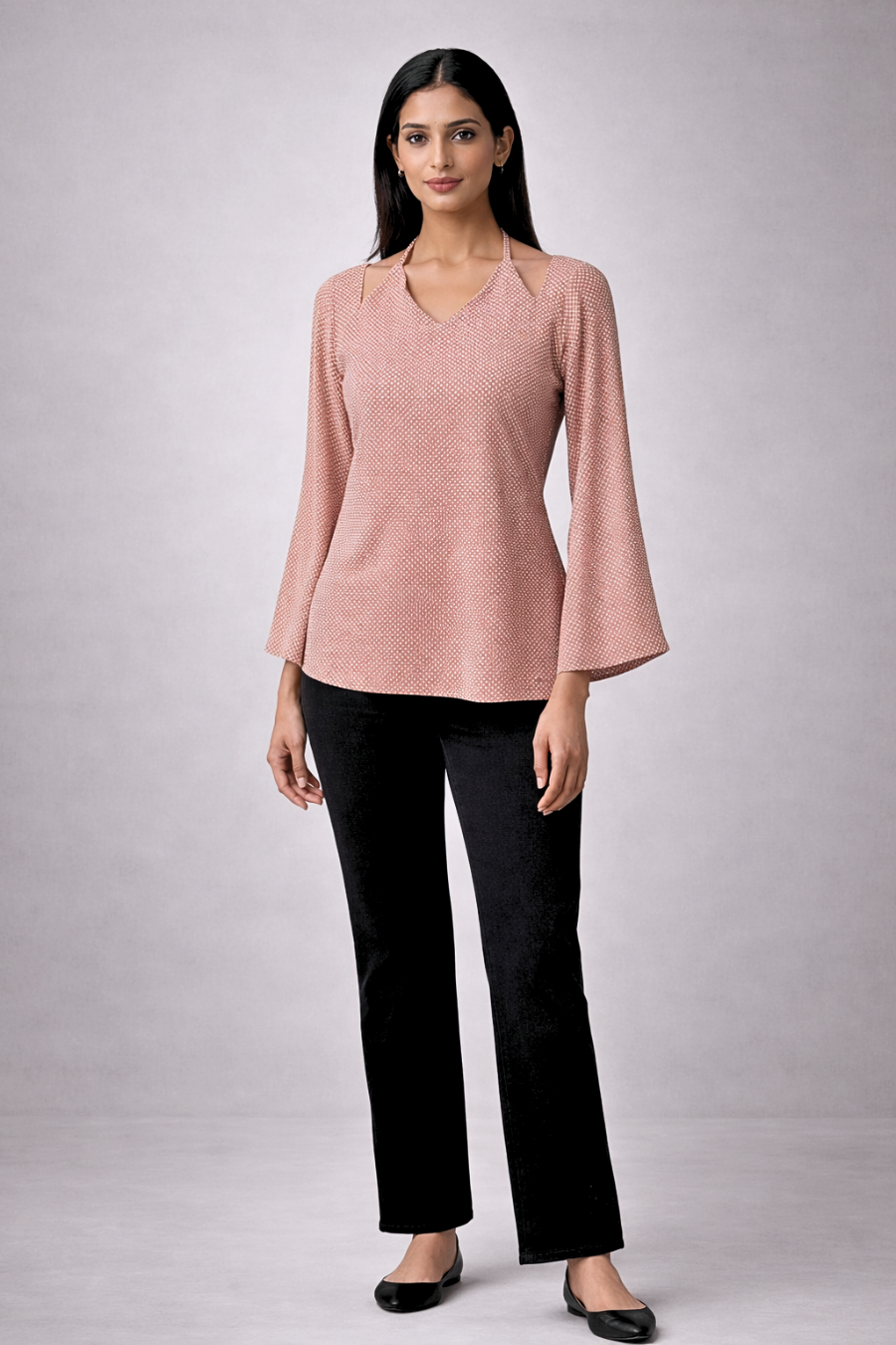 Brown V-Neck Bell Sleeve Top for Women