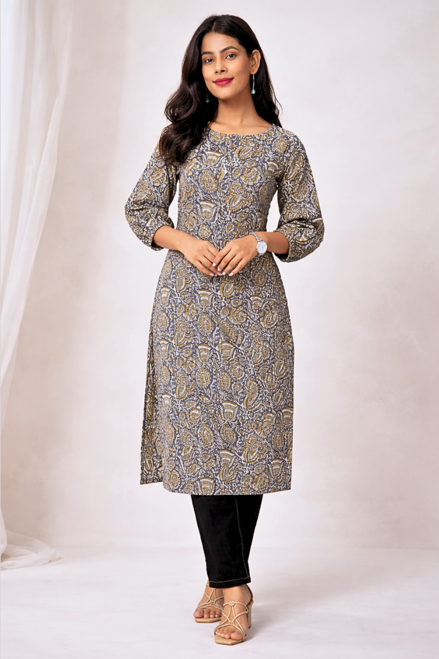 Blue & Mustard Paisley Printed Straight Kurta
