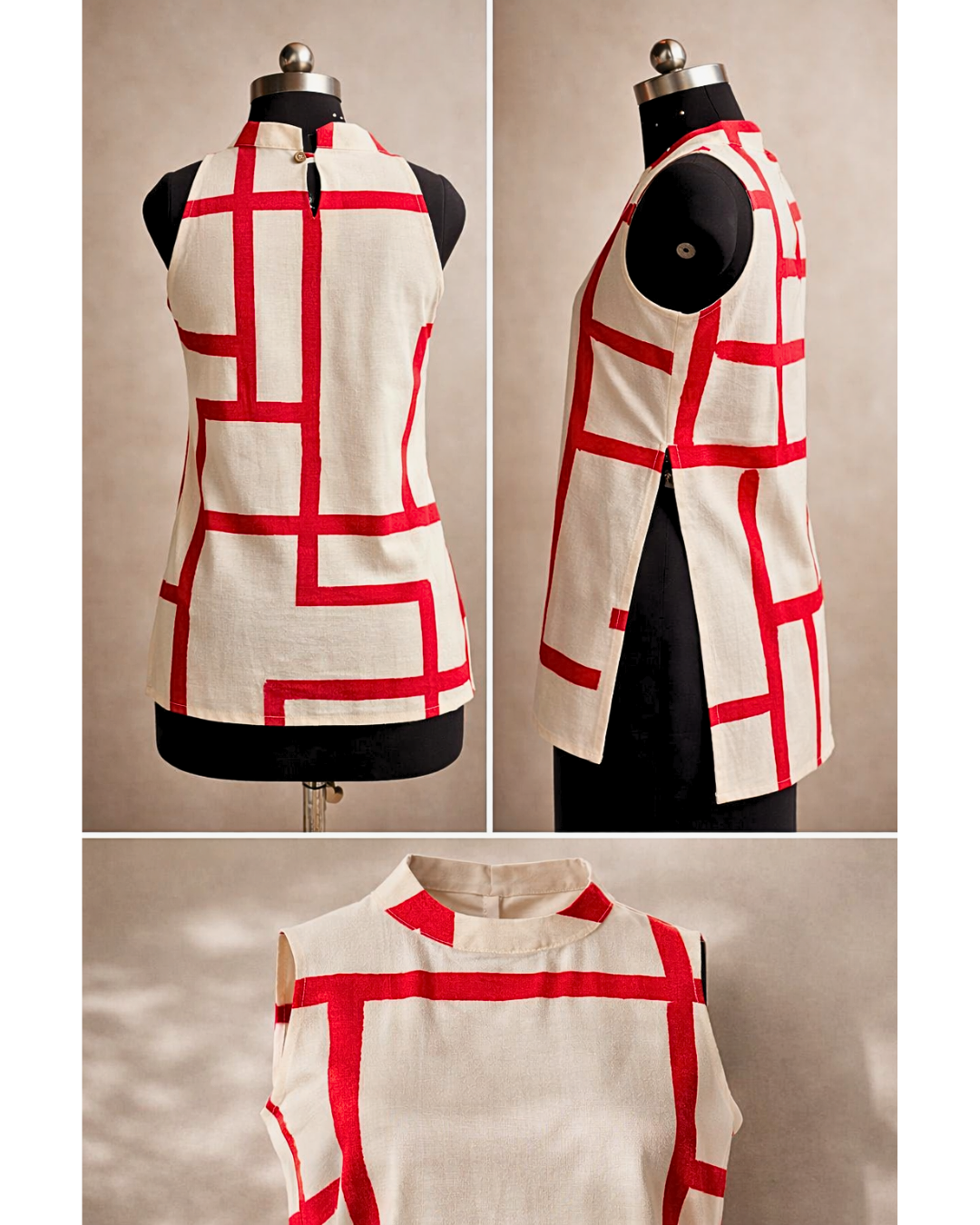 Beige Red Geometric Print Sleeveless Kurti Top