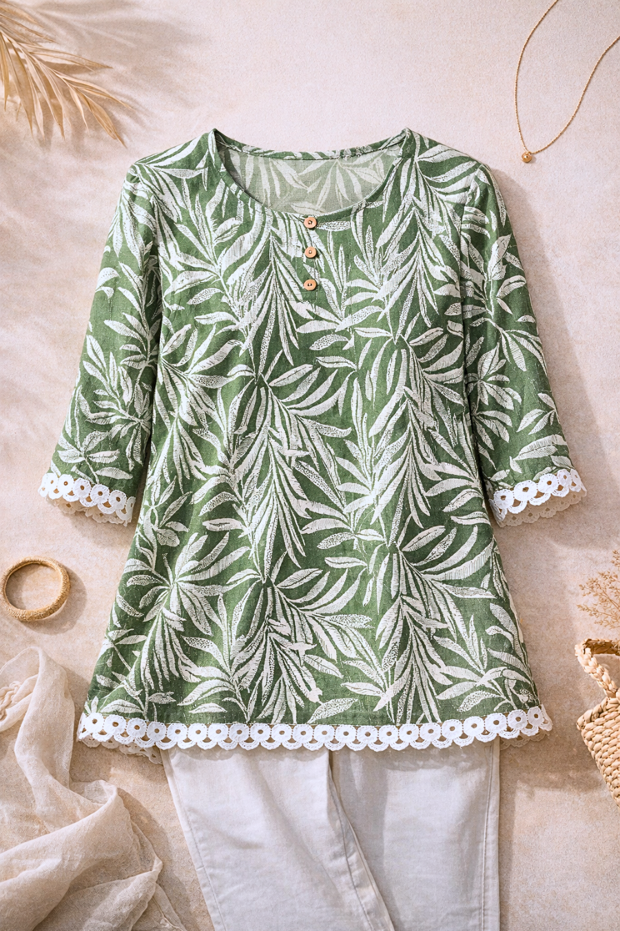 Green Leaf Print Cotton Kurti for Women