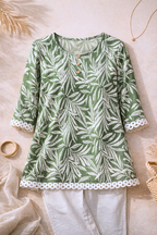 Green Leaf Print Cotton Kurti for Women