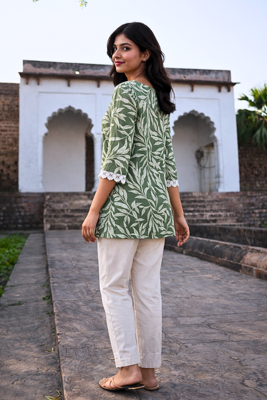 Green Leaf Print Cotton Kurti for Women