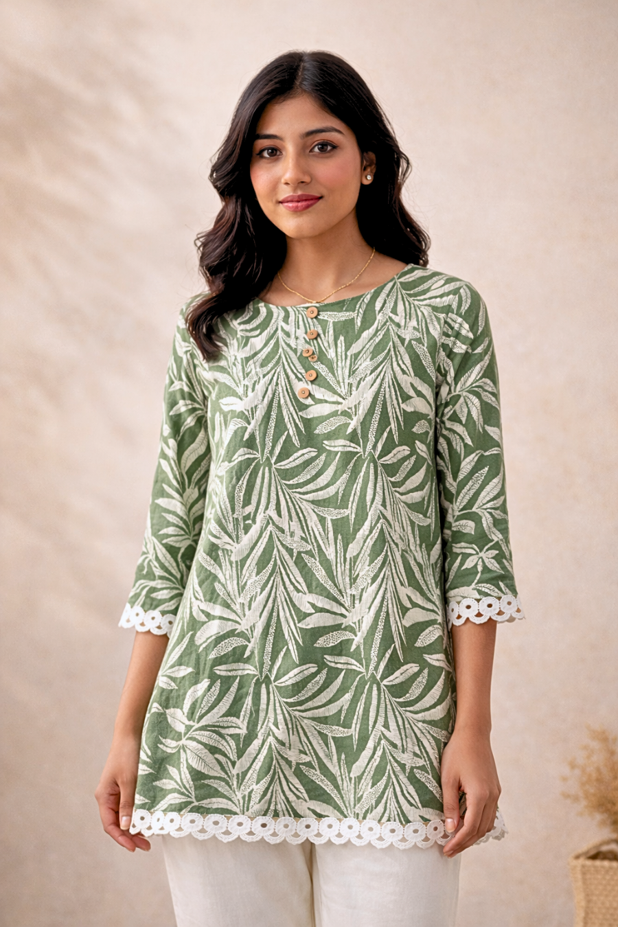 Green Leaf Print Cotton Kurti for Women