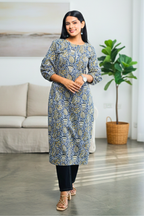 Blue & Mustard Paisley Printed Straight Kurta