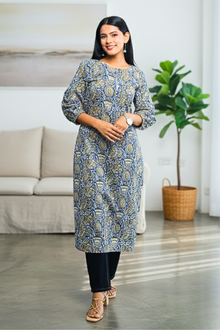 Blue & Mustard Paisley Printed Straight Kurta