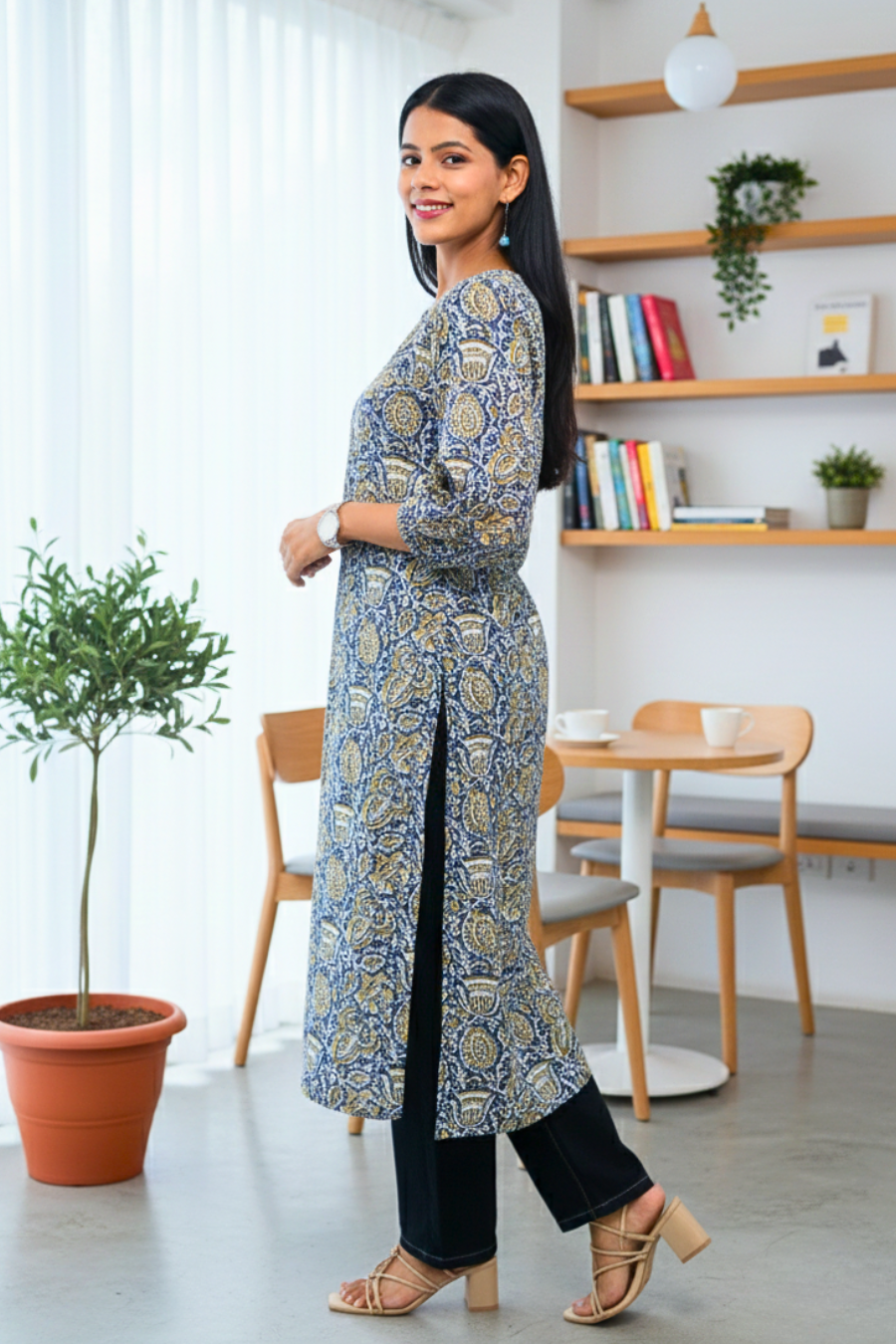 Blue & Mustard Paisley Printed Straight Kurta