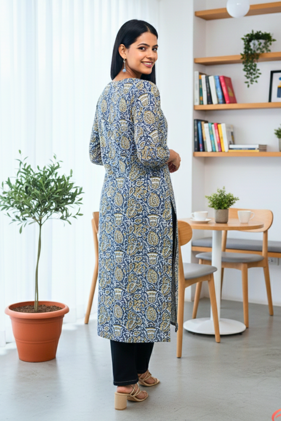 Blue & Mustard Paisley Printed Straight Kurta