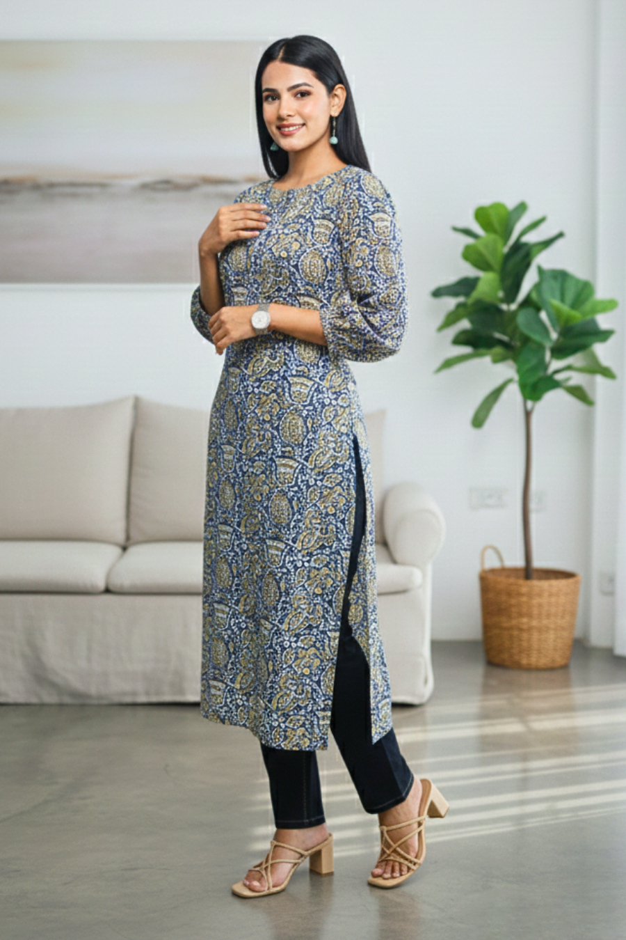 Blue & Mustard Paisley Printed Straight Kurta
