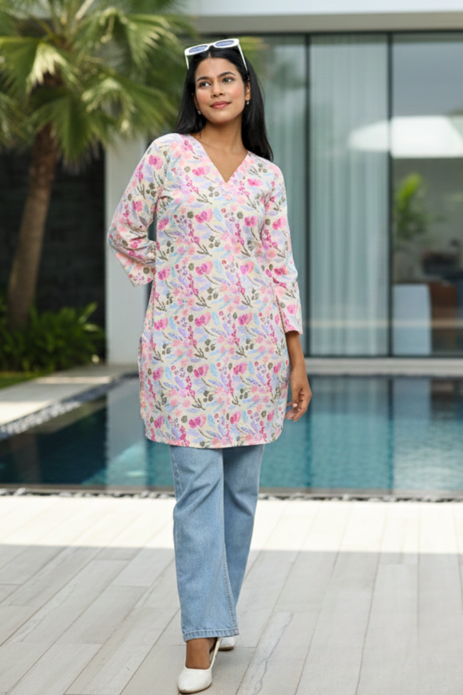 Pastel Floral Printed Cotton Short Kurti