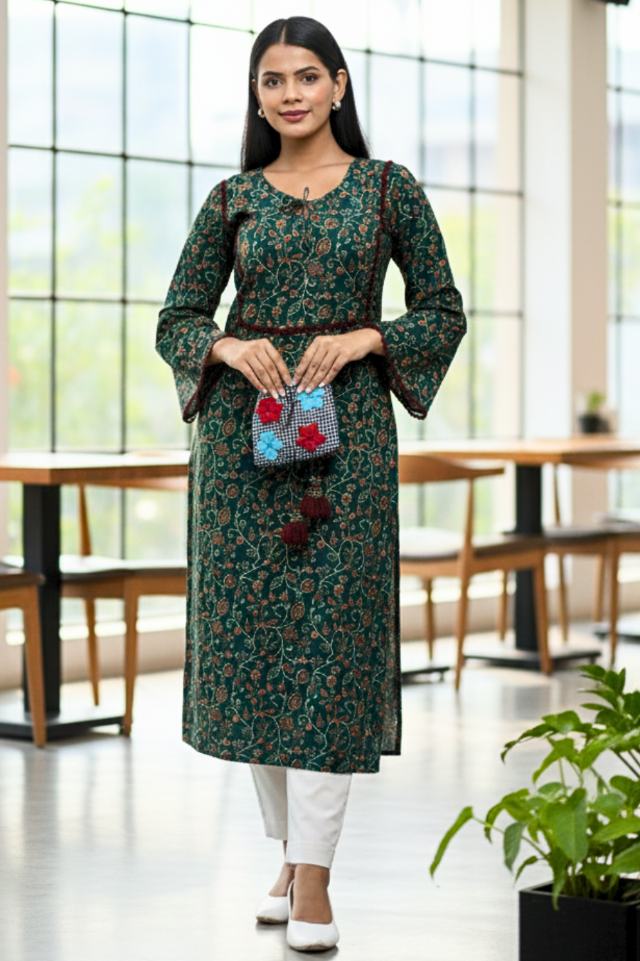 Green Ethnic Floral Printed Kurti