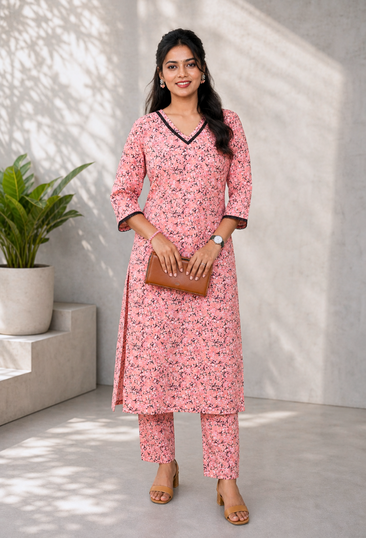 avAraNIya® Floral American Crepe Kurti Set for Women | V-Neck Printed Kurta with Pant