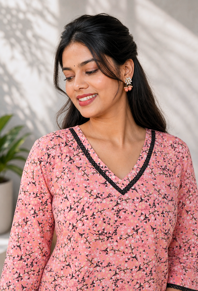avAraNIya® Floral American Crepe Kurti Set for Women | V-Neck Printed Kurta with Pant