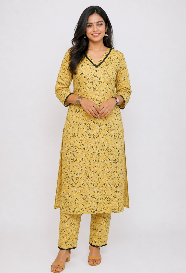 avAraNIya® Floral American Crepe Kurti Set for Women | V-Neck Printed Kurta with Pant