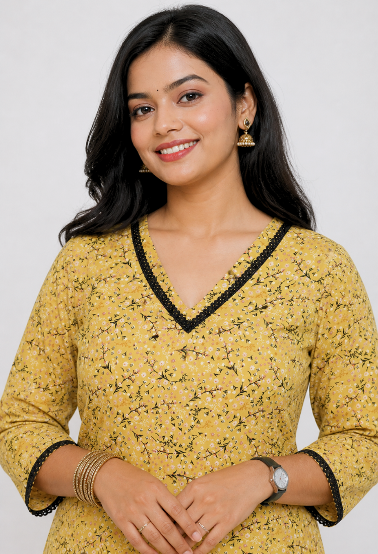 avAraNIya® Floral American Crepe Kurti Set for Women | V-Neck Printed Kurta with Pant