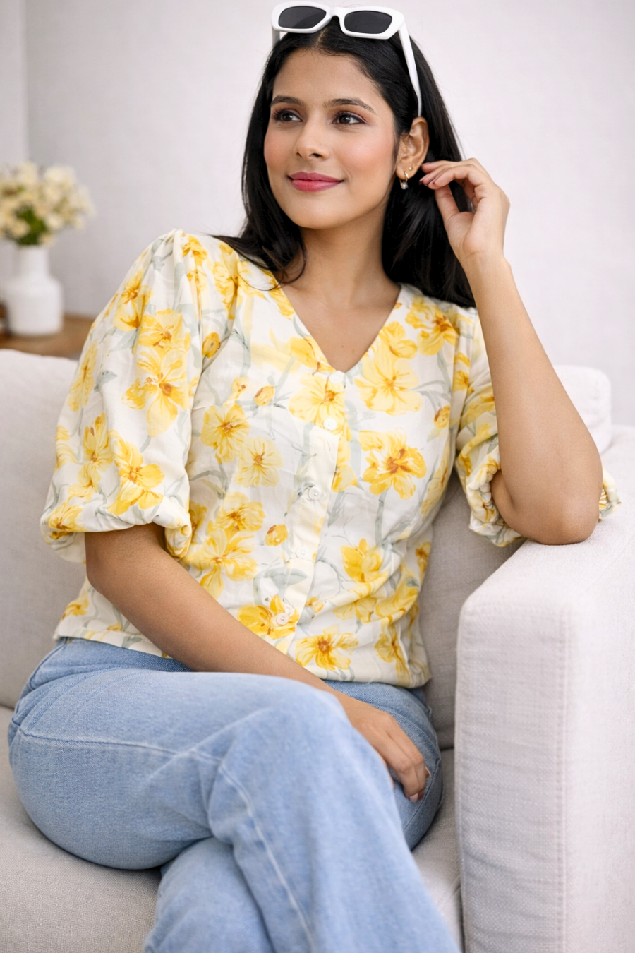 Yellow Floral Printed Puff Sleeve Cotton Top for Women