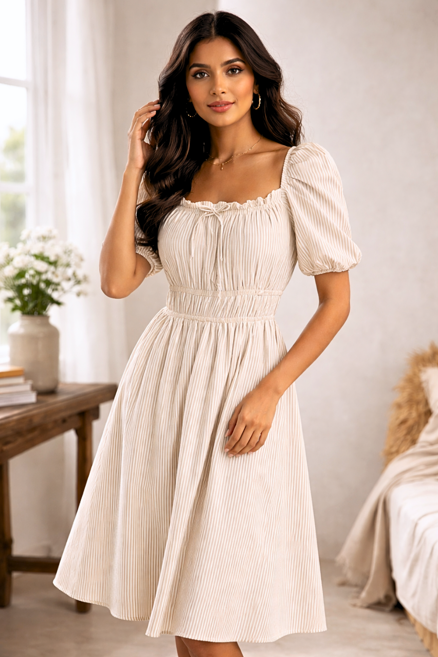 Women’s Beige Striped Smocked Midi Dress with Puff Sleeves