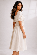 Women’s Beige Striped Smocked Midi Dress with Puff Sleeves