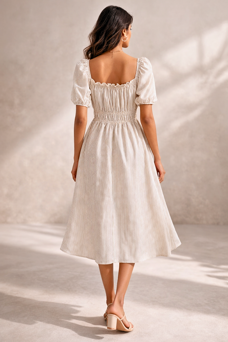 Women’s Beige Striped Smocked Midi Dress with Puff Sleeves