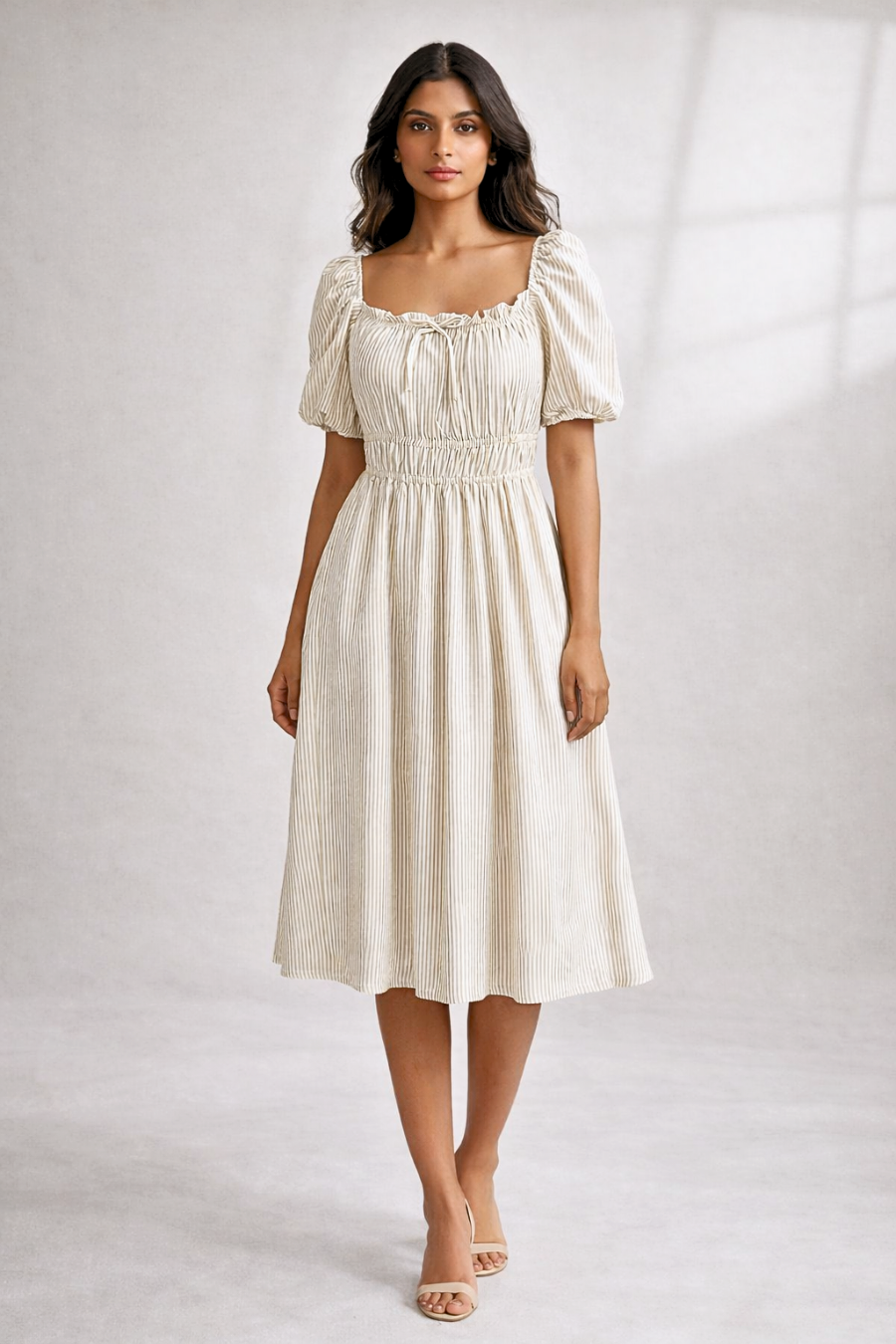 Women’s Beige Striped Smocked Midi Dress with Puff Sleeves
