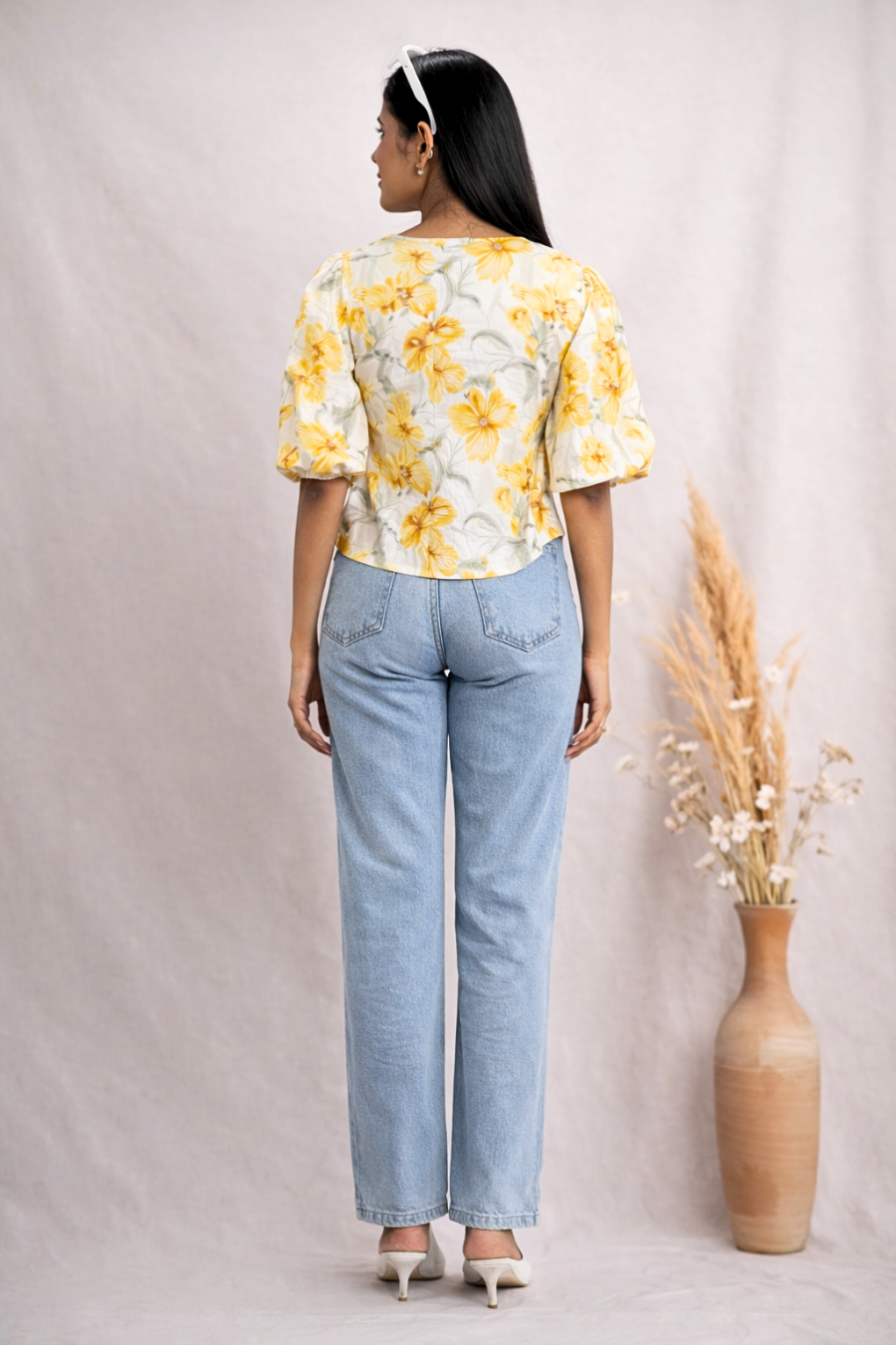Yellow Floral Printed Puff Sleeve Cotton Top for Women