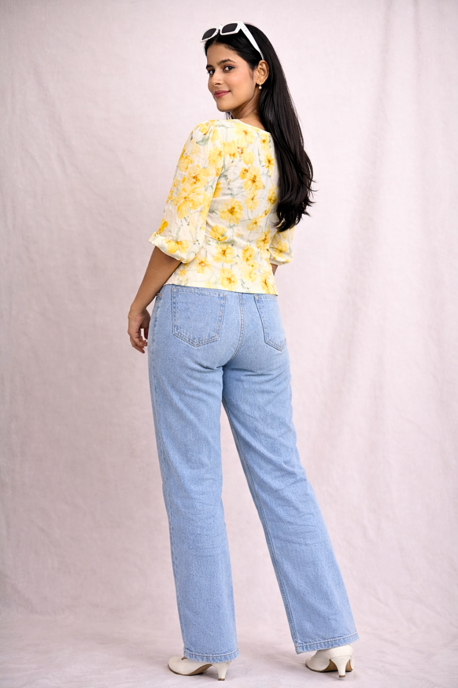 Yellow Floral Printed Puff Sleeve Cotton Top for Women